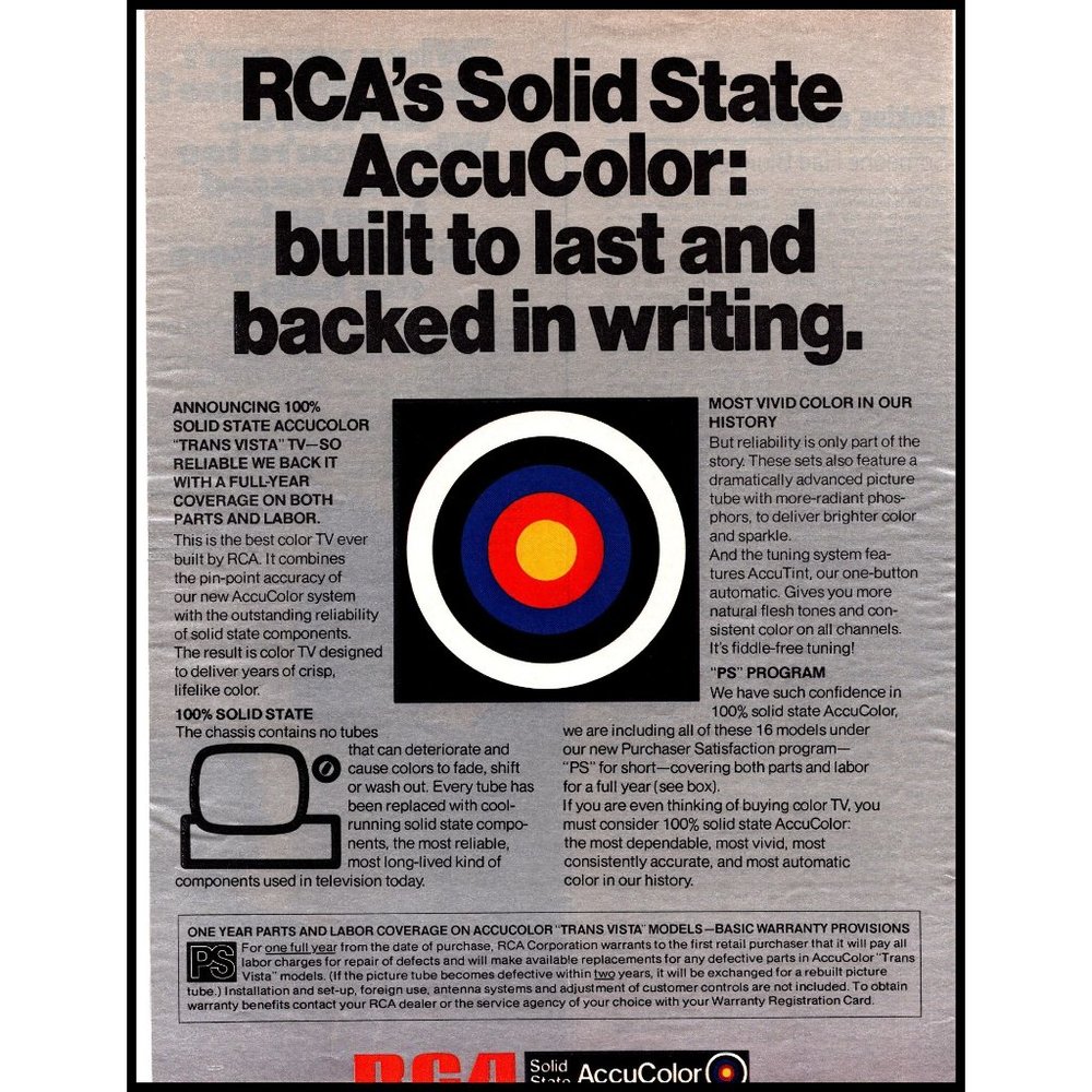 1970 RCA Television Accucolor TV Bullseye Vintage Print Ad Wall Art 10x13